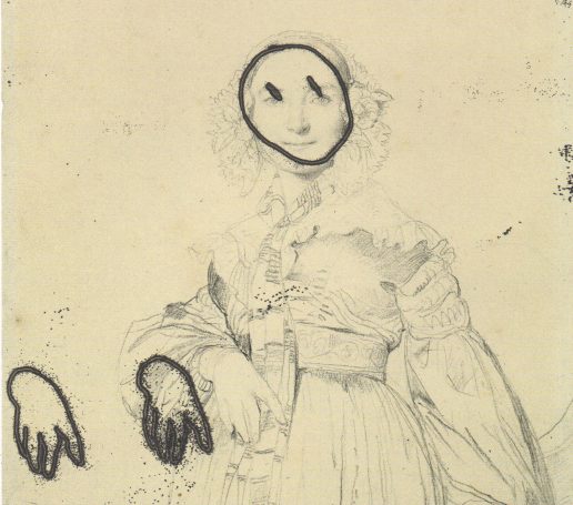 An old pencil drawing by the English artist Ingres is drawn over with black. two graffitied hands and a crude face are atop the original. 